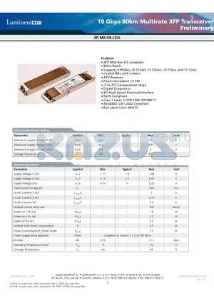 XP-MR-08-CDA datasheet - 10 Gbps 80km Multirate XFP Transceiver Preliminary