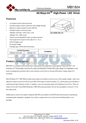 MBI1804 datasheet - ALL-WAYS-ON HIGH-POWER LED DRIVER