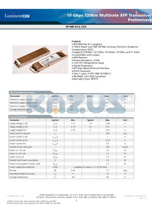 XP-MR-D12-CDA datasheet - 10 Gbps 120km Multirate XFP Transceiver Preliminary