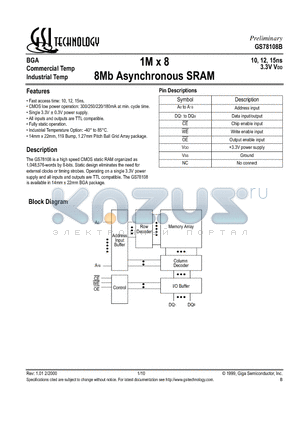 GS78108B-15 datasheet - 1M x 8 8Mb Asynchronous SRAM