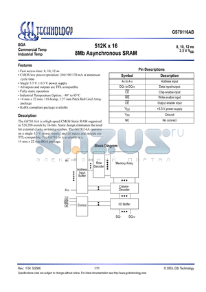 GS78116AB-8 datasheet - 512K x 16 8Mb Asynchronous SRAM