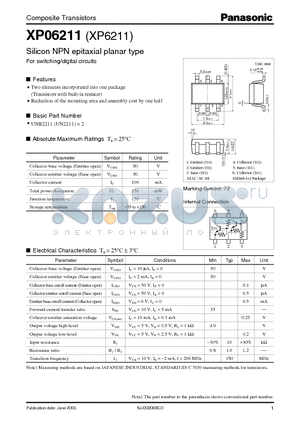 XP06211 datasheet - Composite Transistors, Silicon NPN epitaxial planar type For switching/digital circuits