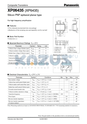 XP06435 datasheet - Silicon PNP epitaxial planar type For high-frequency amplification