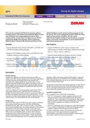 XP1 datasheet - Embedded XHTML-Print Interpreter