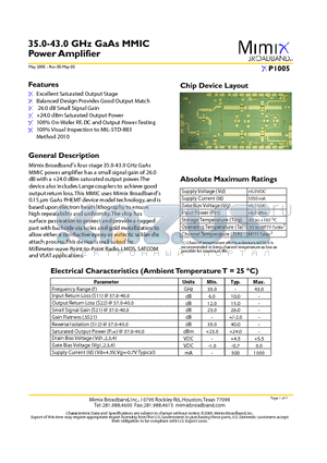 XP1005 datasheet - 35.0-43.0 GHz GaAs MMIC Power Amplifier