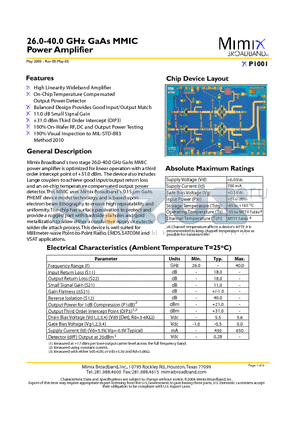 XP1001 datasheet - 26.0-40.0 GHz GaAs MMIC Power Amplifier