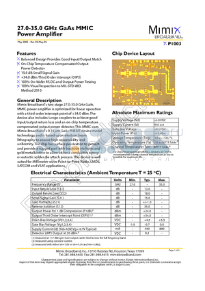 XP1003 datasheet - 27.0-35.0 GHz GaAs MMIC Power Amplifier