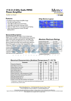 XP1009 datasheet - 17.0-21.0 GHz GaAs MMIC Power Amplifier