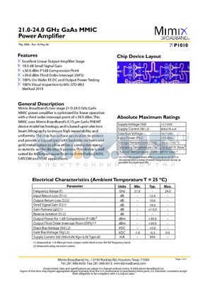 XP1010 datasheet - 21.0-24.0 GHz GaAs MMIC Power Amplifier