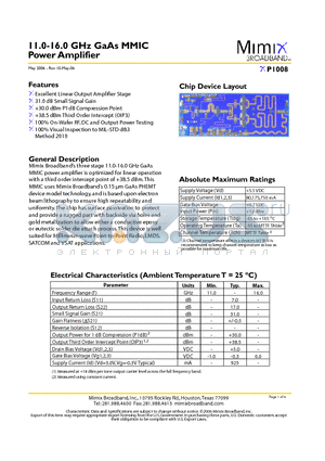 XP1008 datasheet - 11.0-16.0 GHz GaAs MMIC Power Amplifier