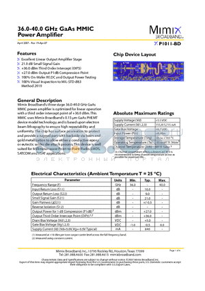 XP1011-BD-EV1 datasheet - 36.0-40.0 GHz GaAs MMIC Power Amplifier