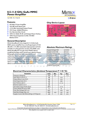 XP1014 datasheet - 8.5-11.0 GHz GaAs MMIC Power Amplifier