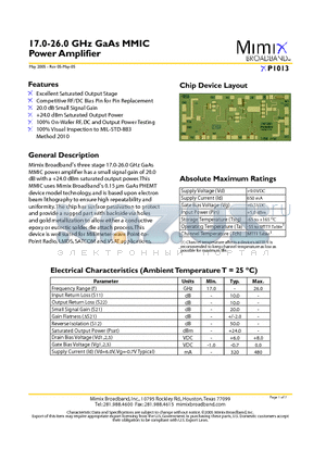 XP1013 datasheet - 17.0-26.0 GHz GaAs MMIC Power Amplifier