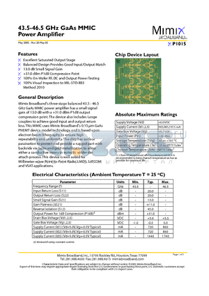 XP1015 datasheet - 43.5-46.5 GHz GaAs MMIC Power Amplifier
