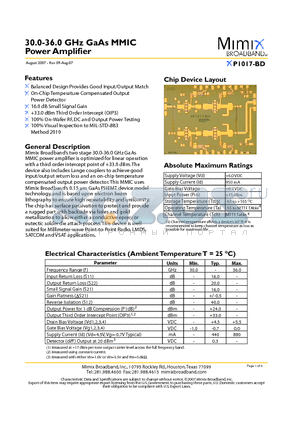 XP1017-BD-EV1 datasheet - 30.0-36.0 GHz GaAs MMIC Power Amplifier
