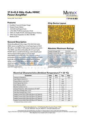 XP1018-BD-000X datasheet - 37.0-42.0 GHz GaAs MMIC Power Amplifier