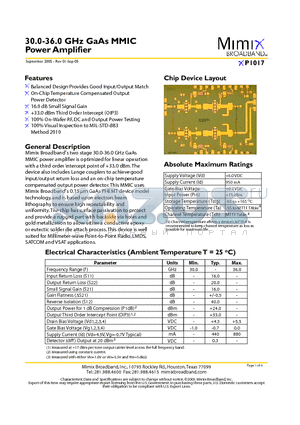 XP1017 datasheet - 30.0-36.0 GHz GaAs MMIC Power Amplifier
