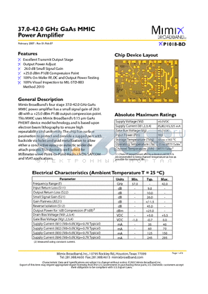 XP1018-BD-EV1 datasheet - 37.0-42.0 GHz GaAs MMIC Power Amplifier