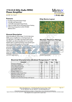XP1021-BD-EV1 datasheet - 17.0-22.0 GHz GaAs MMIC Power Amplifier