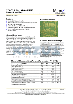 XP1027-BD-000V datasheet - 27.0-33.0 GHz GaAs MMIC Power Amplifier