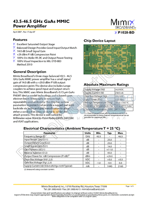 XP1028-BD-EV1 datasheet - 43.5-46.5 GHz GaAs MMIC Power Amplifier