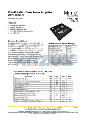 XP1031-QK-EV1 datasheet - 37.0-42.0 GHz GaAs Power Amplifier QFN, 7x7mm