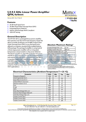 XP1035-QH-0G00 datasheet - 5.9-9.5 GHz Linear Power Amplifier QFN, 4x4mm