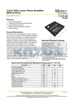 XP1035-QH-0G00 datasheet - 5.9-9.5 GHz Linear Power Amplifier QFN, 4x4mm