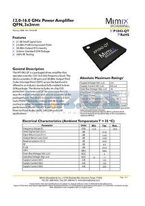 XP1042-QT datasheet - 12.0-16.0 GHz Power Amplifier QFN, 3x3mm