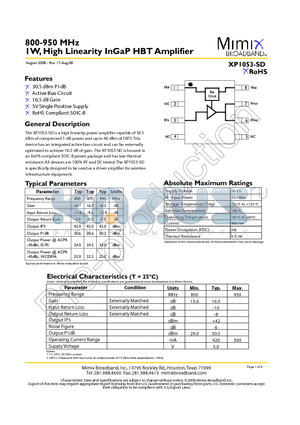 XP1053-SD datasheet - 1W, High Linearity InGaP HBT Amplifier