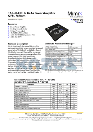 XP1080-QU-0N00 datasheet - 37.0-40.0 GHz GaAs Power Amplifier QFN, 7x7mm
