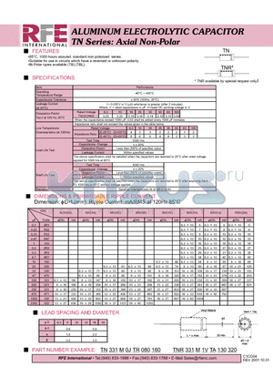 TN331M0JTR080160 datasheet - ALUMINUM ELECTROLYTIC CAPACITOR TN Series: Axial Non-Polar