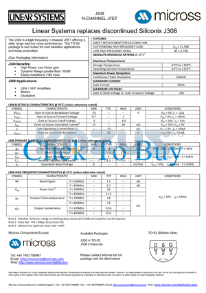 J308_T0-92 datasheet - N-CHANNEL JFET