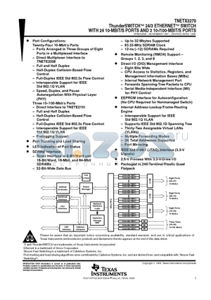 TNETX3270 datasheet - ThunderSWITCHE 24/3 ETHERNETE SWITCH WITH 24 10-MBIT/S PORTS AND 3 10-/100-MBIT/S PORTS