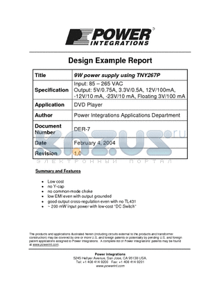 TNY267P datasheet - 9W DVD power supply