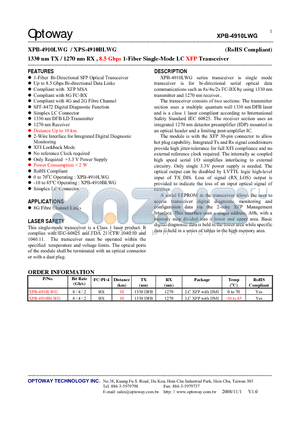 XPB-4910BLWG datasheet - 1330 nm TX / 1270 nm RX , 8.5 Gbps 1-Fiber Single-Mode LC XFP Transceiver