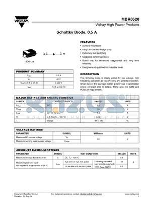 MBR0520 datasheet - Schottky Diode, 0.5 A