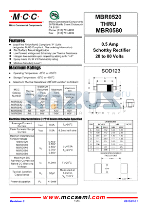 MBR0520-TP datasheet - 0.5 Amp Schottky Rectifier 20 to 80 Volts