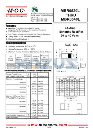 MBR0520L datasheet - 0.5 Amp Schottky Rectifier 20 to 40 Volts