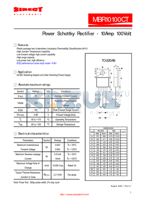 MBR10100CT datasheet - Power Schottky Rectifier - 10Amp 100Volt