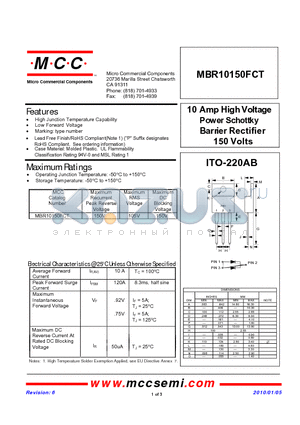 MBR10150FCT_10 datasheet - 10 Amp HighVoltage Power Schottky Barrier Rectifier 150 Volts