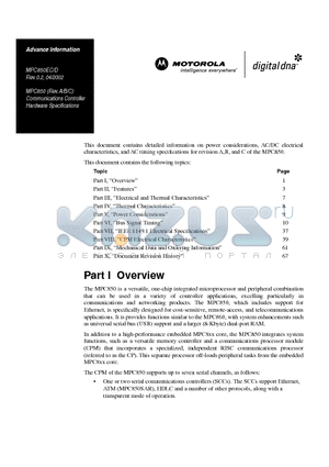 XPC850CZT50B datasheet - Communications Controller Hardware Specifications