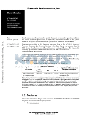 XPC8240LZU200E datasheet - MPC8240 Part Number Specification for the XPC8240RXXnnnx Series