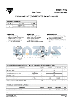 TP0205AD datasheet - P-Channel 20-V (D-S) MOSFET, Low-Threshold
