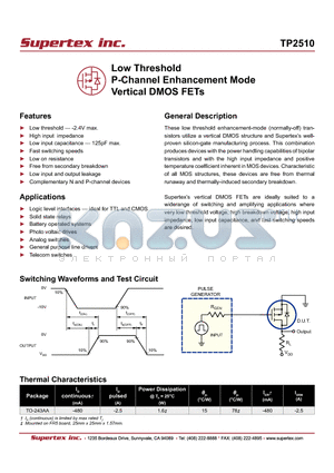 TP2510ND datasheet - Low Threshold P-Channel Enhancement Mode Vertical DMOS FETs