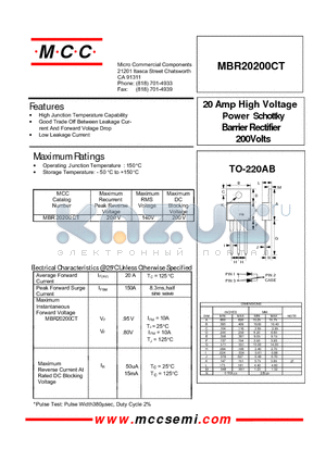 MBR20200CT datasheet - 20 Amp High Voltage 200Volts Barrier Rectifier Power Schottky
