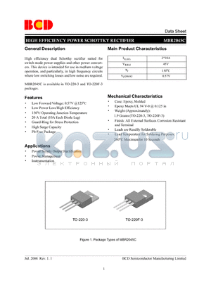 MBR2045C datasheet - HIGH EFFICIENCY POWER SCHOTTKY RECTIFIER