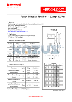 MBR20HL100CT datasheet - Power Schottky Rectifier - 20Amp 100Volt