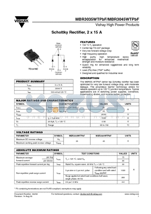 MBR3035WTPBF datasheet - Schottky Rectifier, 2 x 15 A