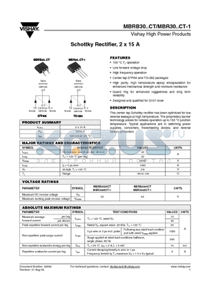 MBR3045CT-1TRR datasheet - Schottky Rectifier, 2 x 15 A